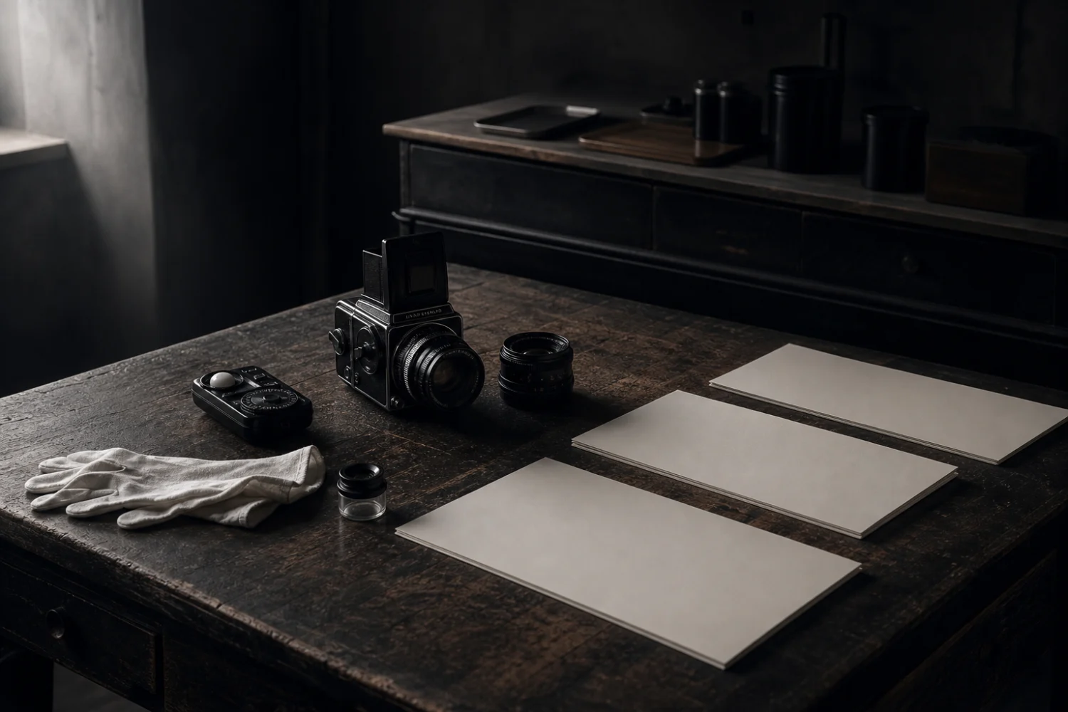 Photographic equipment and archival papers arranged on a studio table