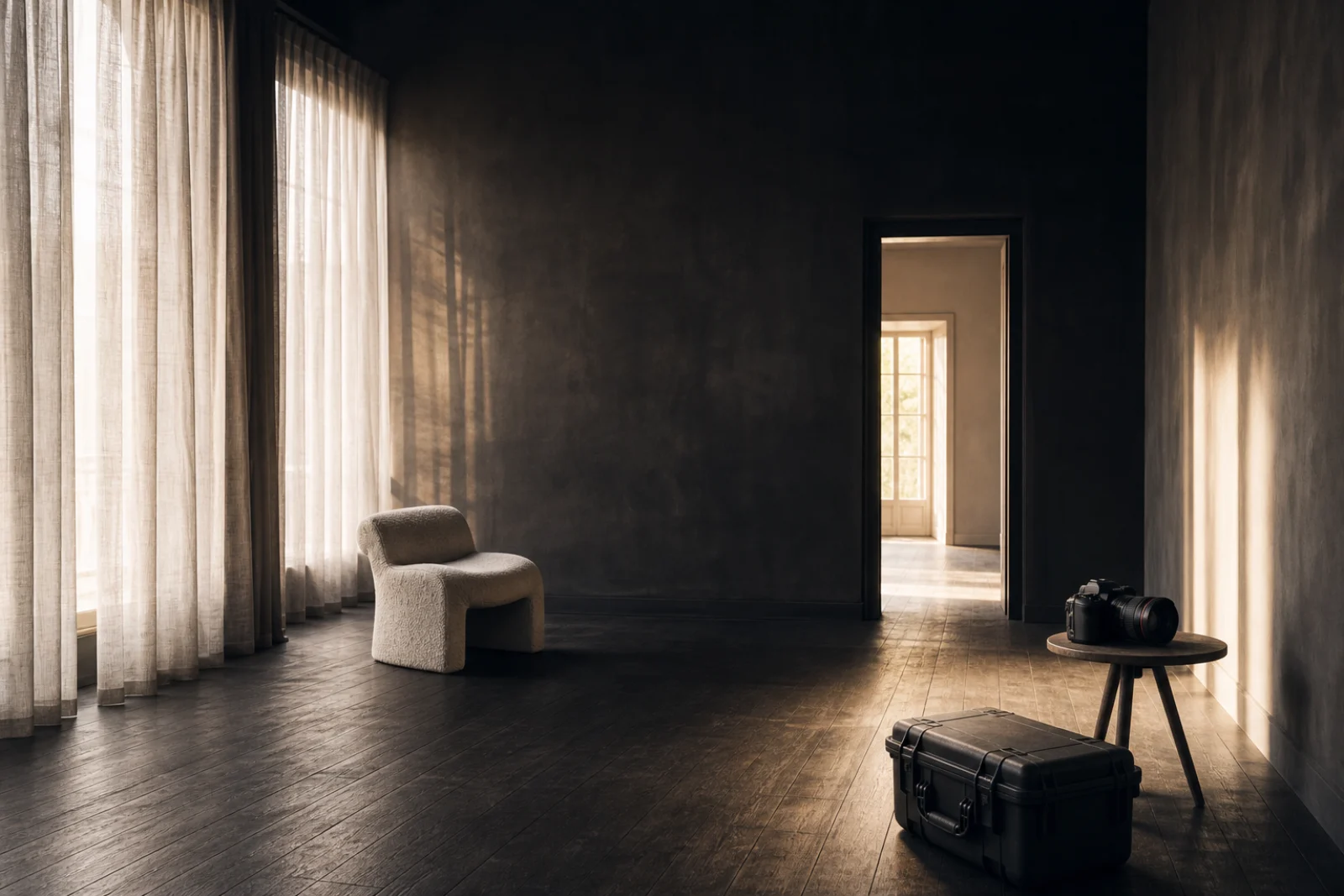 Quiet photography studio illuminated by warm morning light