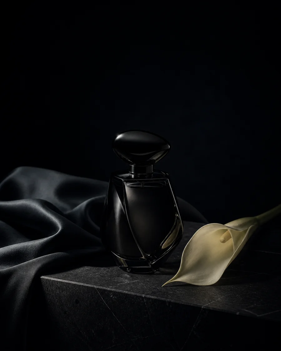 Luxury black perfume bottle photographed with silk and a calla lily