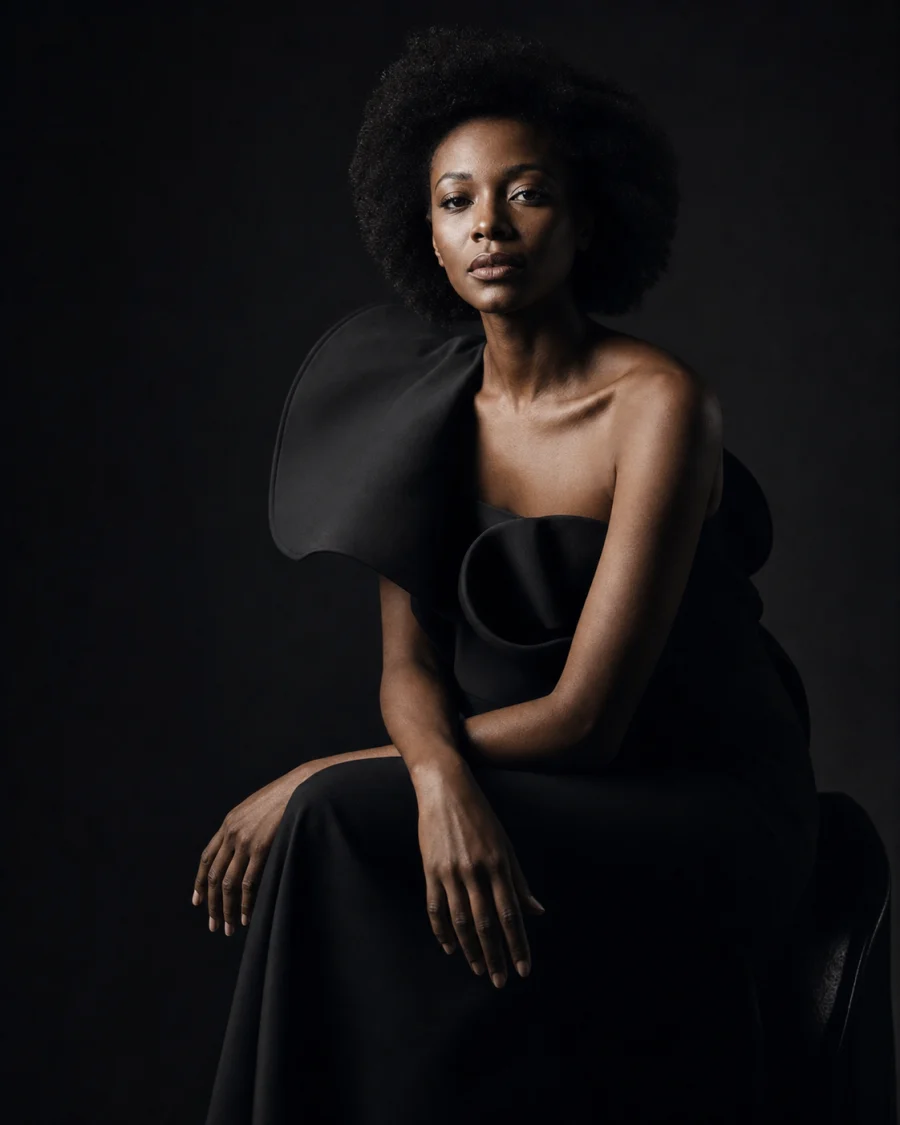 Editorial studio portrait in a sculptural black dress