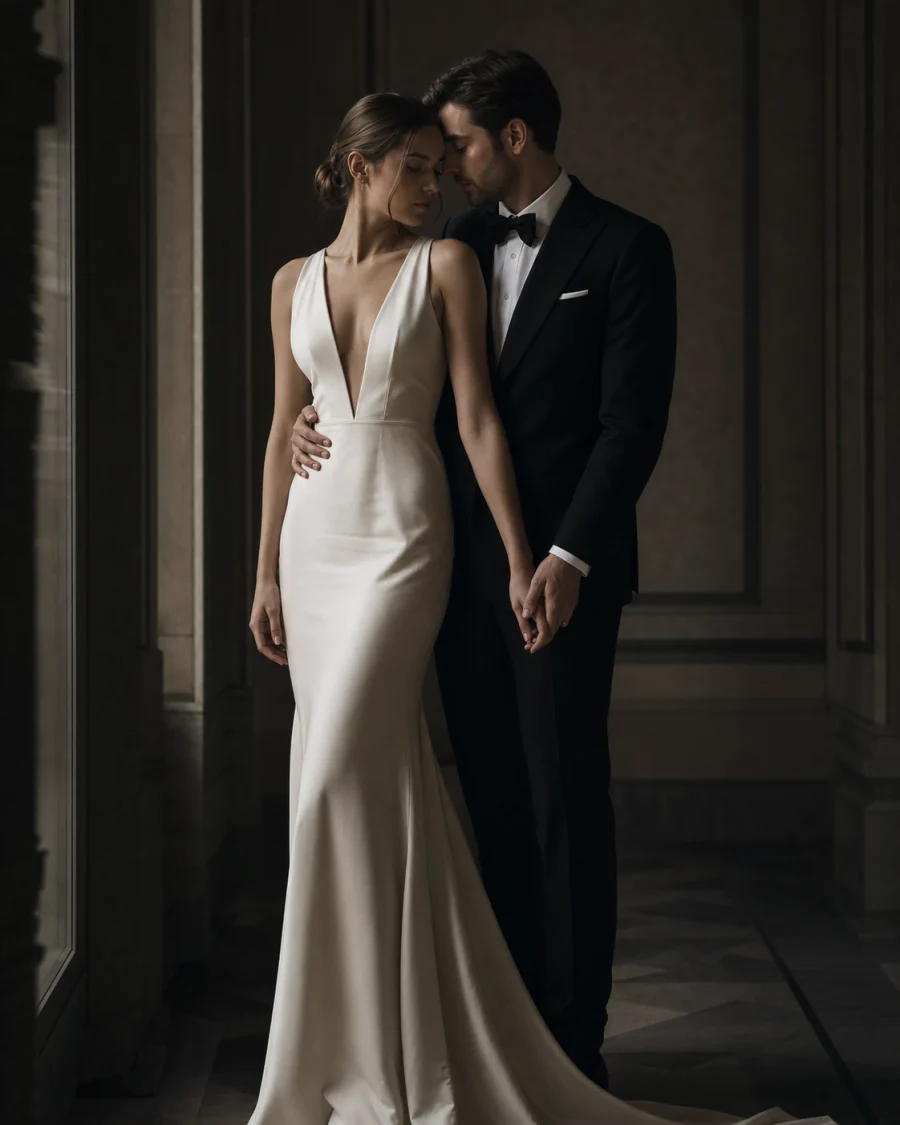 Newlywed couple photographed in soft window light